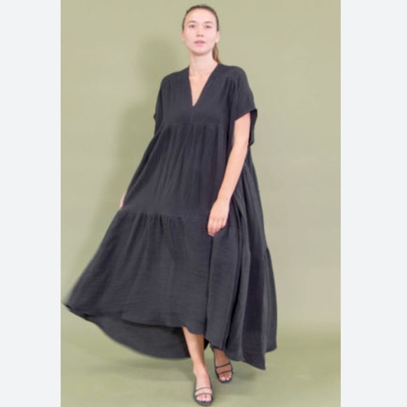 Double V Tiered Maxi Dress in Black Gauze, +1/2 - Picture 2 of 11